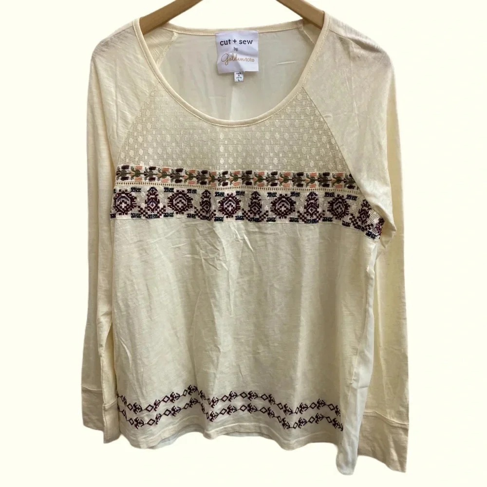 Cut and Sew by Golden Tote Boho Embroidered Long Sleeve Top‎ Size Large​